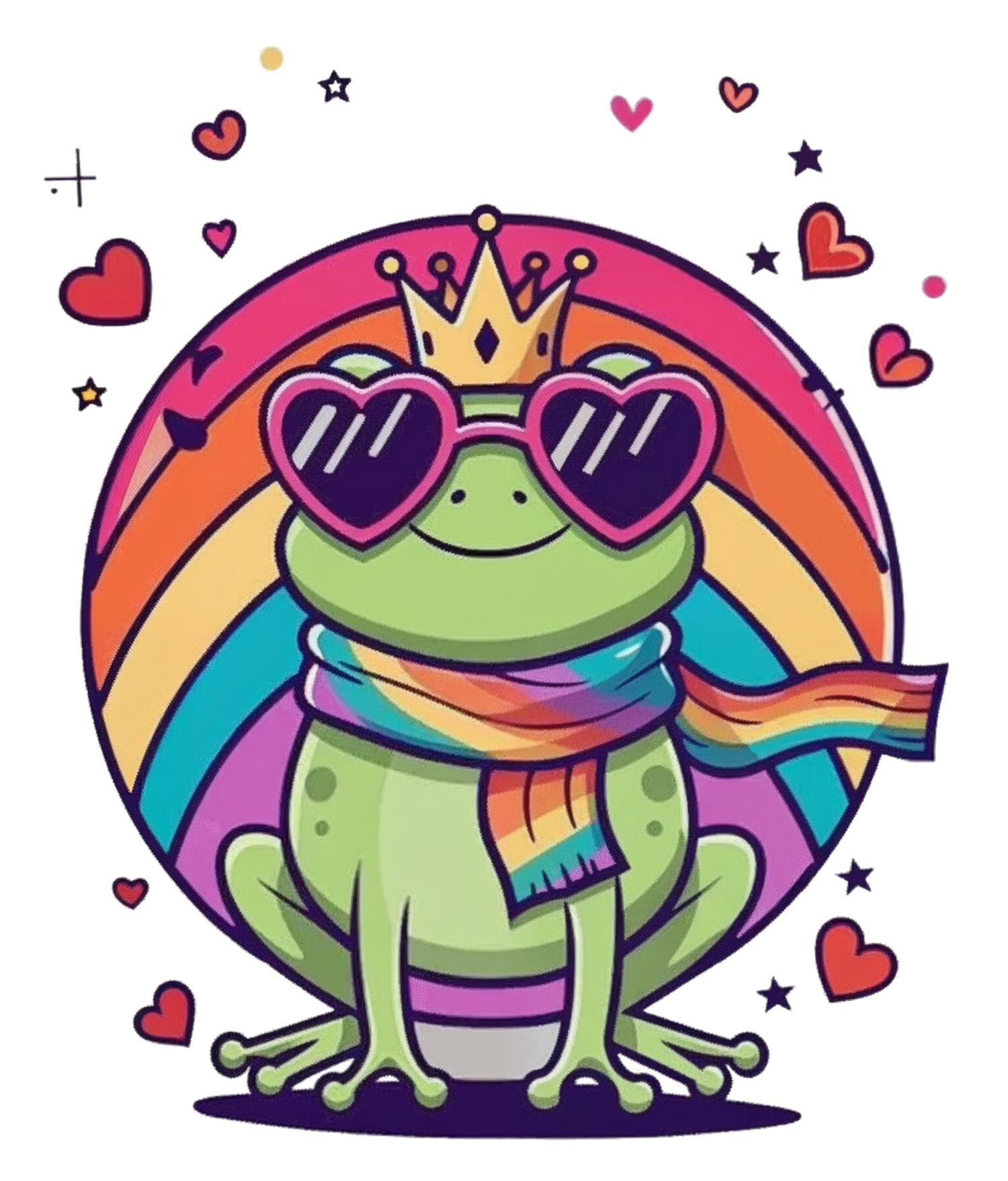    „Krönchen‑Frosch mit Regenbogen‑Schal und Pride‑Design.“