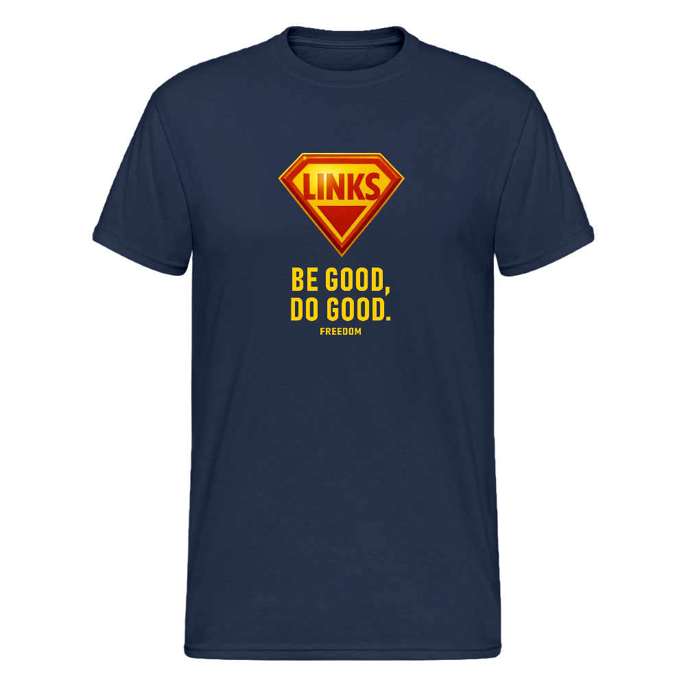 Männer Gildan Heavy T-Shirt - NavyLINKS Statement-Shirt mit Superhelden-Emblem und politischer Botschaft – ideal für Aktivismus und Streetwear.

 