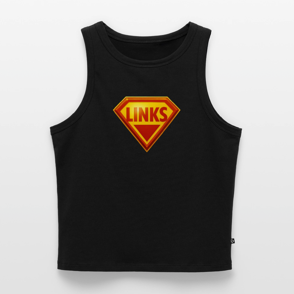 „Schwarzes Tank Top mit Superman-ähnlichem ‚LINKS‘-Logo in Rot-Gelb, körpernaher Schnitt, Bio-Baumwolle mit Elastan“