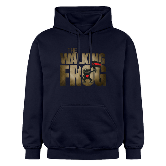 Hoodie mit Cartoon-Frosch und Schriftzug ‚THE WALKING FROG‘, rotes ‚ANTIFA‘ über dem G, distressed Typografie“- Navy