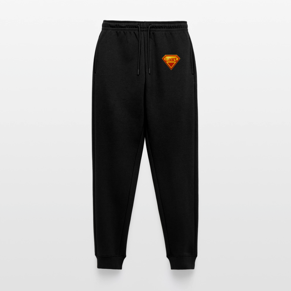 „Schwarze Jogginghose mit Superman-ähnlichem ‚LINKS‘-Logo-Patch auf dem linken Oberschenkel, elastischer Bund & Bündchen“