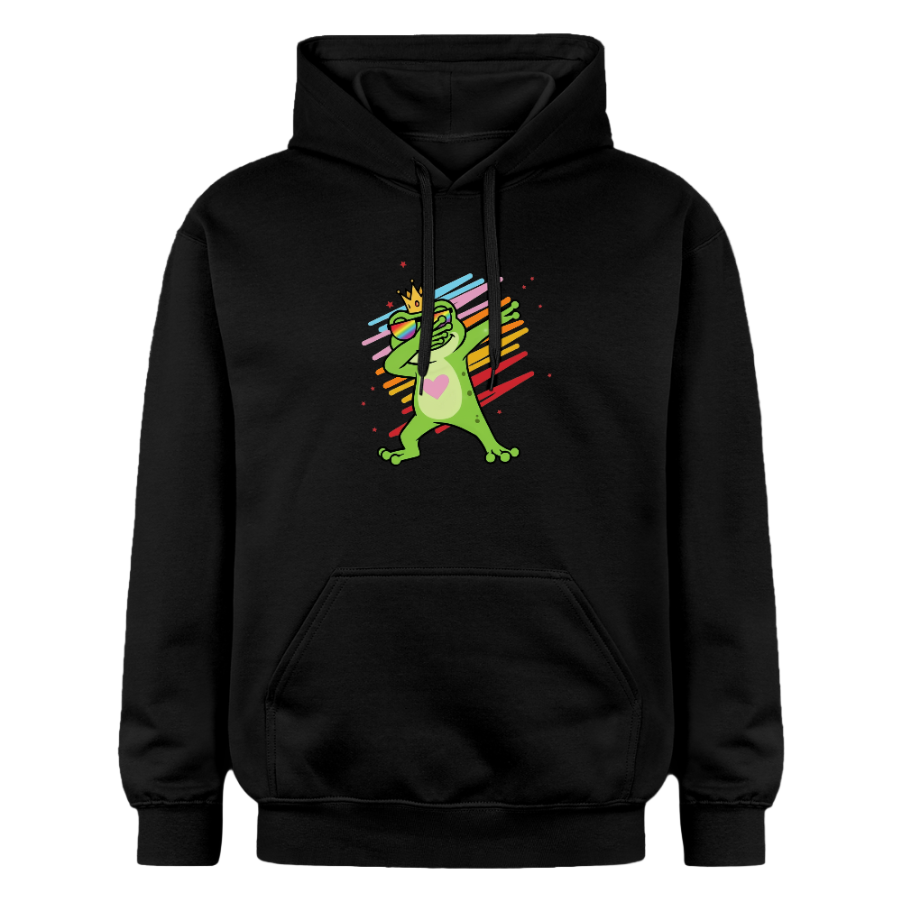 „Schwarzer Hoodie mit grünem Frosch in Krone, pinkem Herz und Regenbogenstreifen, rote Sterne im Hintergrund“