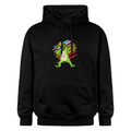 „Schwarzer Hoodie mit grünem Frosch in Krone, pinkem Herz und Regenbogenstreifen, rote Sterne im Hintergrund“