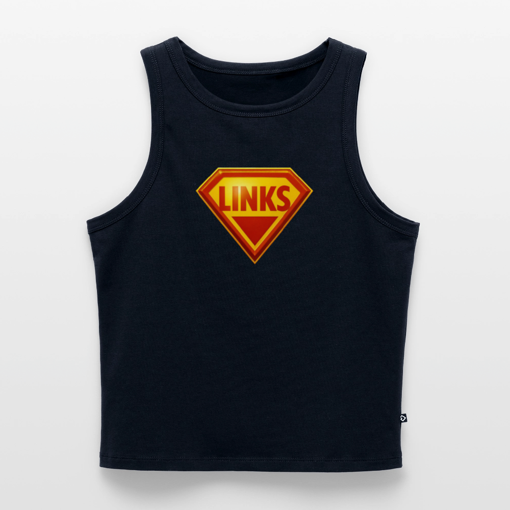 Tank Top mit Superman-ähnlichem ‚LINKS‘-Logo in Rot-Gelb, körpernaher Schnitt, Bio-Baumwolle mit Elastan“ - Navy