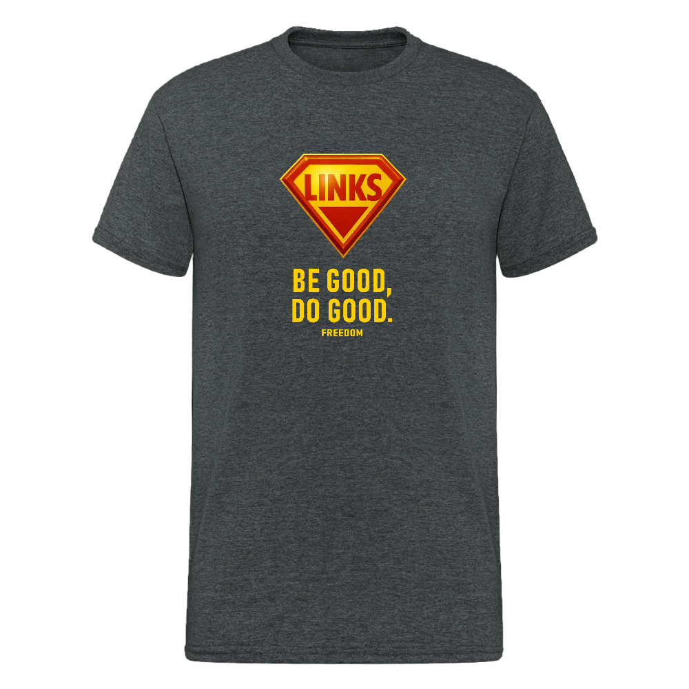 LINKS Statement-Shirt mit Superhelden-Emblem und politischer Botschaft – ideal für Aktivismus und Streetwear.

