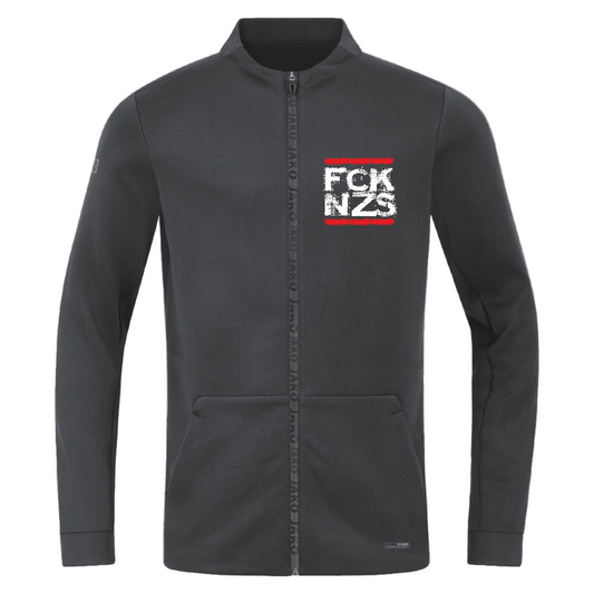 Graphite JAKO Jacke mit weiß-rotem „FCK NZS“ Print auf der Brust und entlang des Reißverschlusses. Sportlicher Schnitt, Seitentaschen, tonales Branding.
