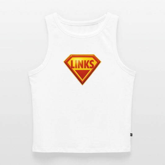 Tank Top mit Superman-ähnlichem ‚LINKS‘-Logo in Rot-Gelb, körpernaher Schnitt, Bio-Baumwolle mit Elastan“ - Weiß