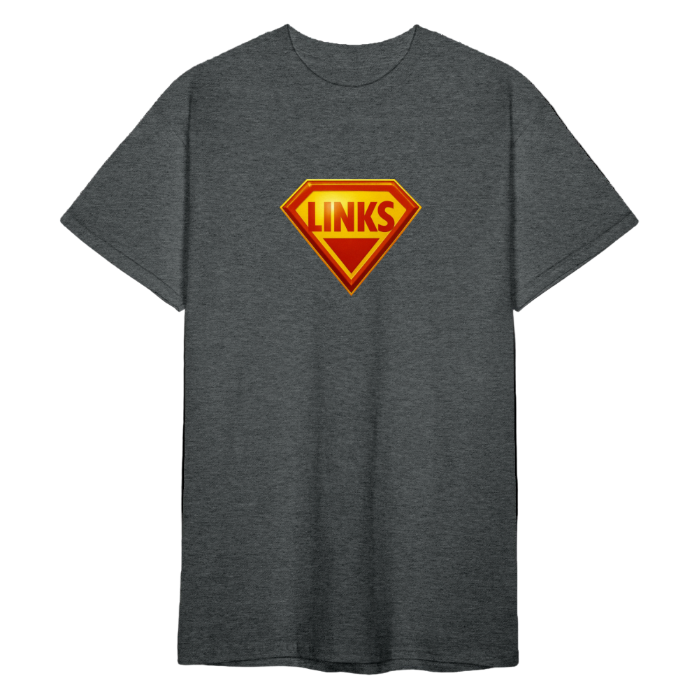 Dunkelgrau meliert Männer T-Shirt mit Superman-inspiriertem „LINKS“-Logo in Rot-Gelb und dem Slogan „BE GOOD, DO GOOD“. Gerader Schnitt, robuste Stoffqualität.