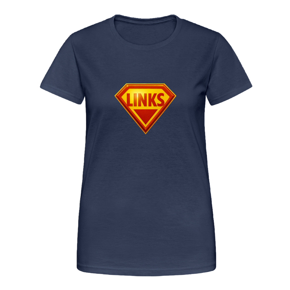 Damen-T-Shirt mit Superman-ähnlichem ‚LINKS‘-Logo in Rot-Gelb, körpernahe Passform, Rundhalsausschnitt“r - Navy