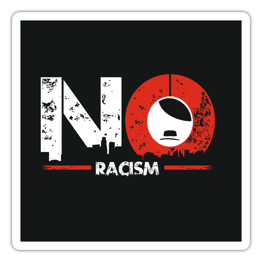 „Vinyl-Sticker mit Schriftzug ‚NO RACISM‘, Symbol im O, roter Unterstrich – wasserfest, konturgeschnitten, 100 µm PVC-Folie“