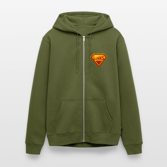 Khaki Premium Kapuzenjacke mit glänzendem „LINKS“-Logo im Superman-Stil. Kontrastkapuzenband, Fronttaschen, robuster Sweatstoff, aktivistisches Design.