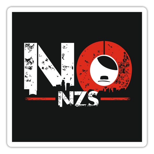 „Vinyl-Sticker mit Schriftzug ‚NO NZS‘, urbaner Symbolik und Stadtsilhouette – wasserfest, konturgeschnitten, 100 µm PVC-Folie“