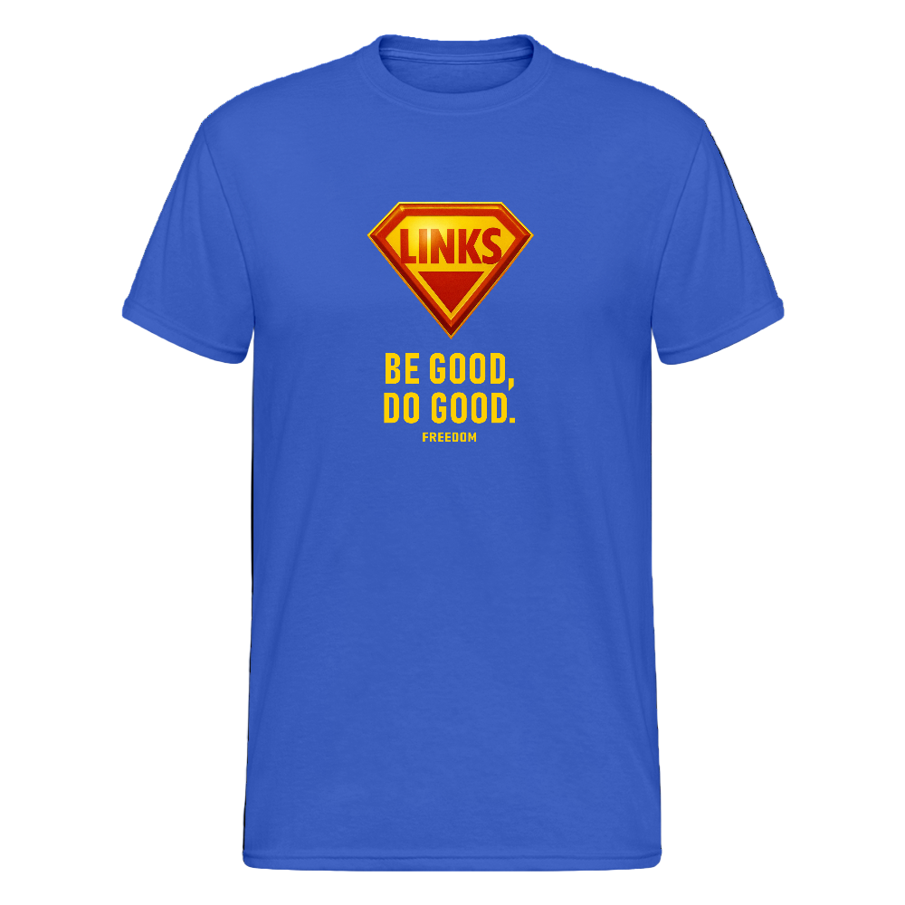 LINKS Statement-Shirt mit Superhelden-Emblem und politischer Botschaft – ideal für Aktivismus und Streetwear.

