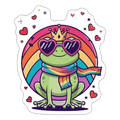 „Vinyl-Sticker mit sitzendem Frosch in Krone, Herzbrille und Regenbogenschal, umgeben von Sternen und Herzen – wasserfest, Konturschnitt“
