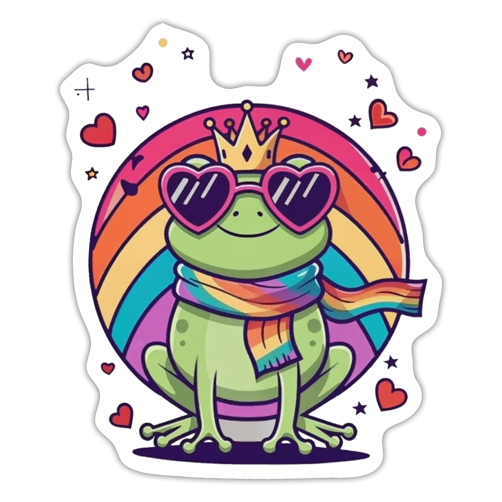 „Vinyl-Sticker mit sitzendem Frosch in Krone, Herzbrille und Regenbogenschal, umgeben von Sternen und Herzen – wasserfest, Konturschnitt“