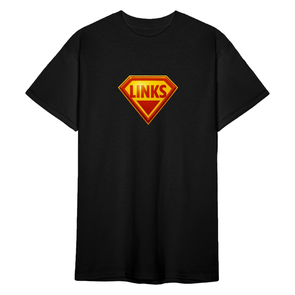 Schwarzes Männer T-Shirt mit Superman-inspiriertem „LINKS“-Logo in Rot-Gelb und dem Slogan „BE GOOD, DO GOOD“. Gerader Schnitt, robuste Stoffqualität.
