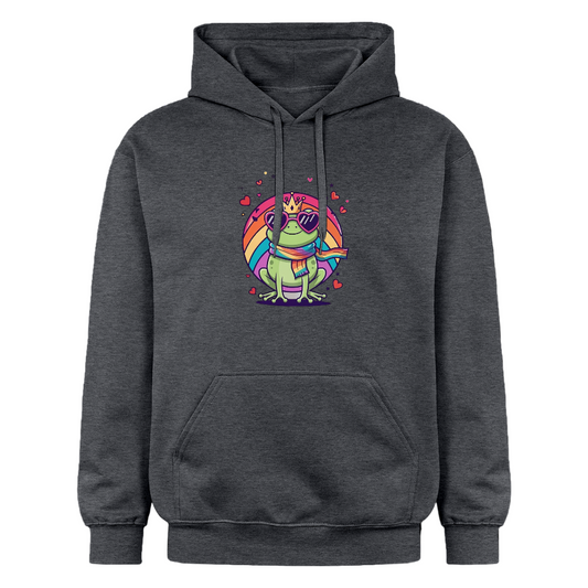 Hoodie mit cartoonartigem Frosch in Herzbrille, Krone und Regenbogenschwanz, Pride-Flagge in der Hand, umgeben von pinken Herzen“ - Dunkelgrau meliert