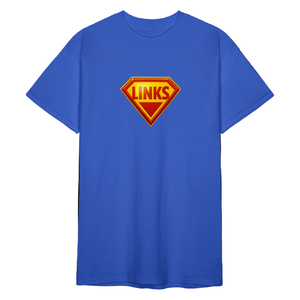 Königsblau Männer T-Shirt mit Superman-inspiriertem „LINKS“-Logo in Rot-Gelb und dem Slogan „BE GOOD, DO GOOD“. Gerader Schnitt, robuste Stoffqualität.