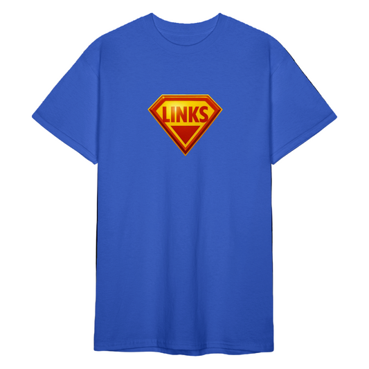 Königsblau Männer T-Shirt mit Superman-inspiriertem „LINKS“-Logo in Rot-Gelb und dem Slogan „BE GOOD, DO GOOD“. Gerader Schnitt, robuste Stoffqualität.
