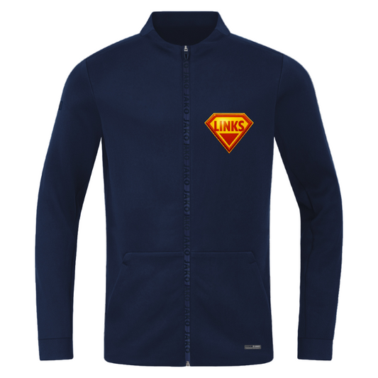 Marine Sportlich geschnittene JAKO Jacke mit tonalem Branding am Ärmel, aufgesetzten Taschen und verdecktem Reißverschluss. Superweiches Material, aktivistisches Design.