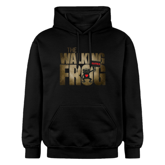 „Schwarzer Hoodie mit Cartoon-Frosch und Schriftzug ‚THE WALKING FROG‘, rotes ‚ANTIFA‘ über dem G, distressed Typografie“