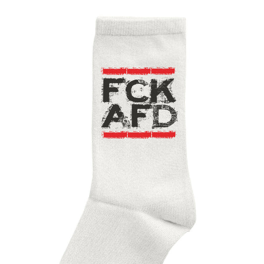„Weiße Socke mit schwarz-rotem ‚FCK AFD‘‑Design – minimalistisches antifaschistisches Design 