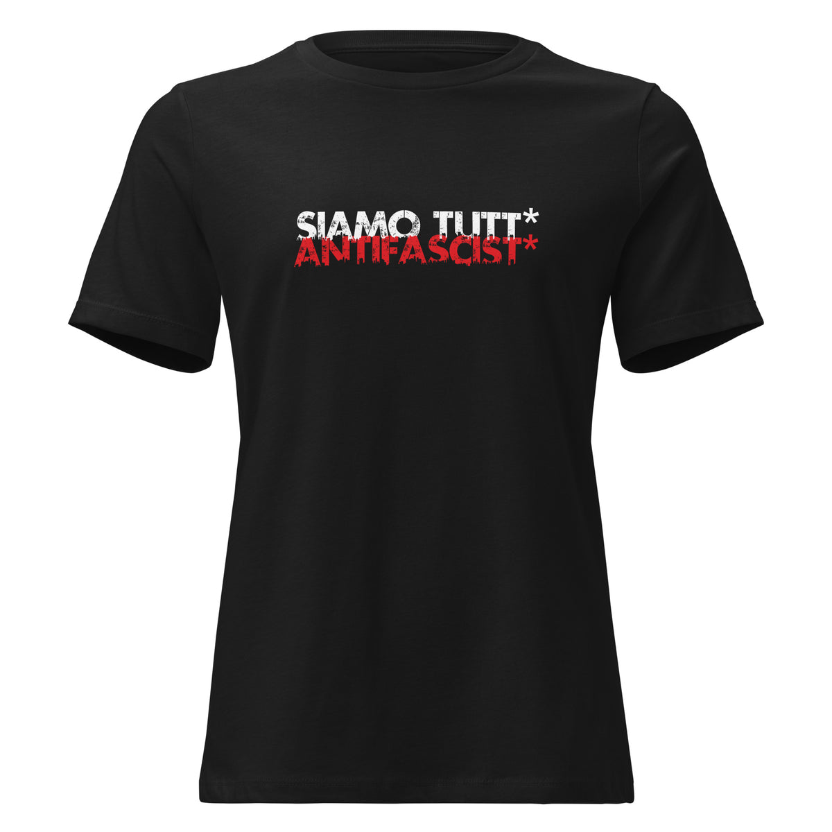 „Damen T‑Shirt Siamo tutt* antifascist* in Schwarz mit zweifarbigem Print“

