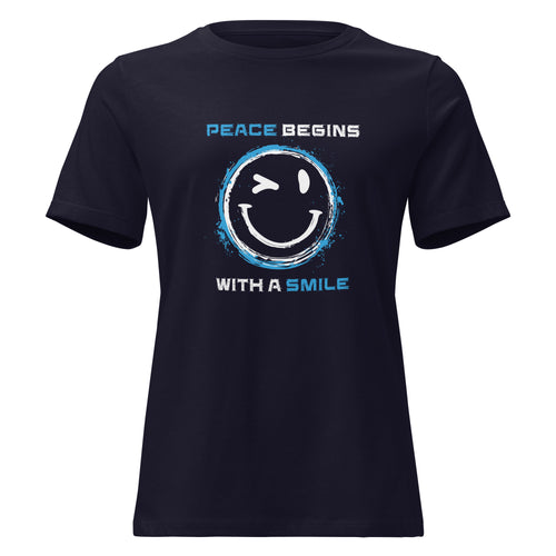 Damen T‑Shirt mit Aufdruck „Peace begins with a smile“ in klassischer Passform - Navy