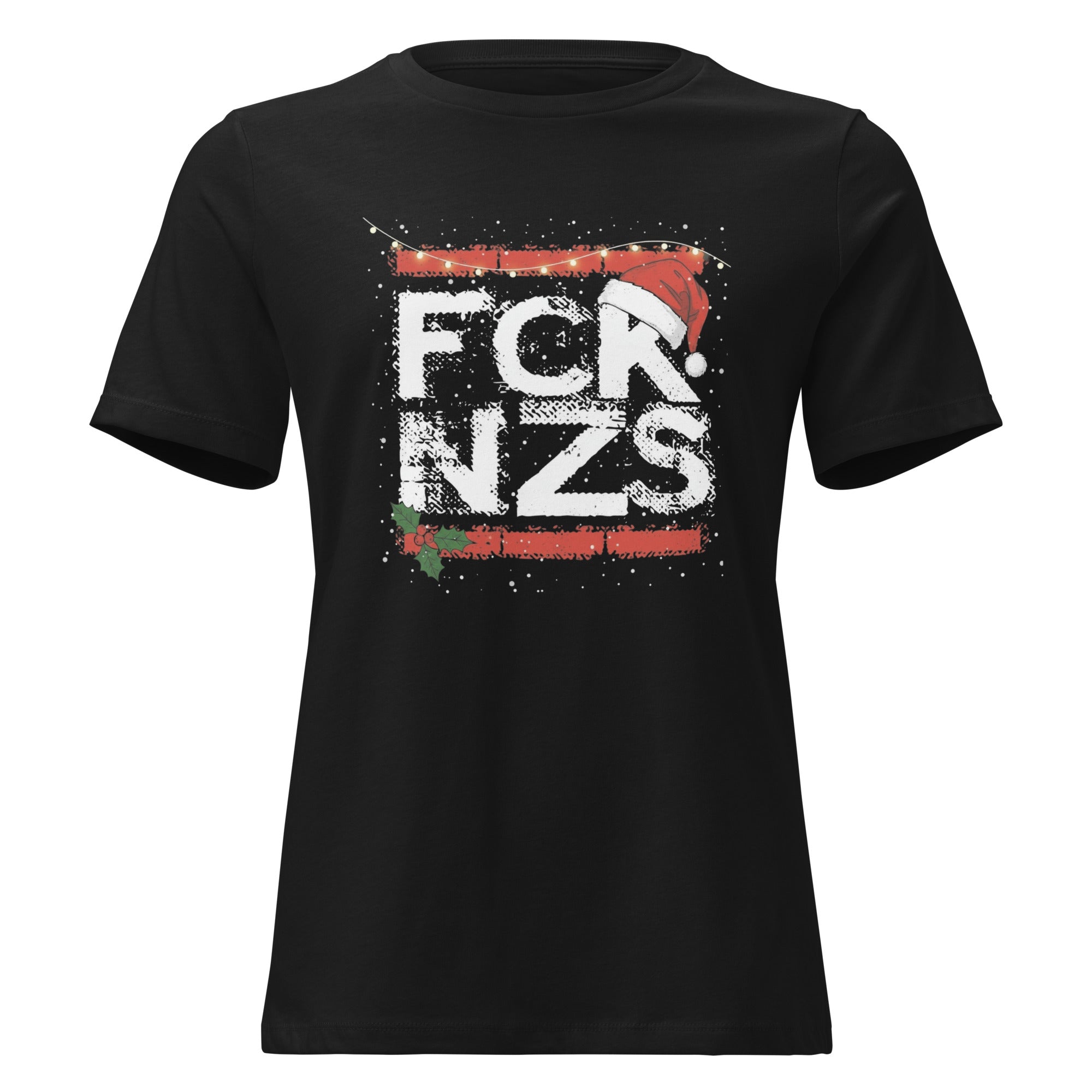FCK NZS T‑Shirt für Frauen Weihnachtsedition, schwarzes Shirt mit festlichen Lichter‑ und Tannendetails

