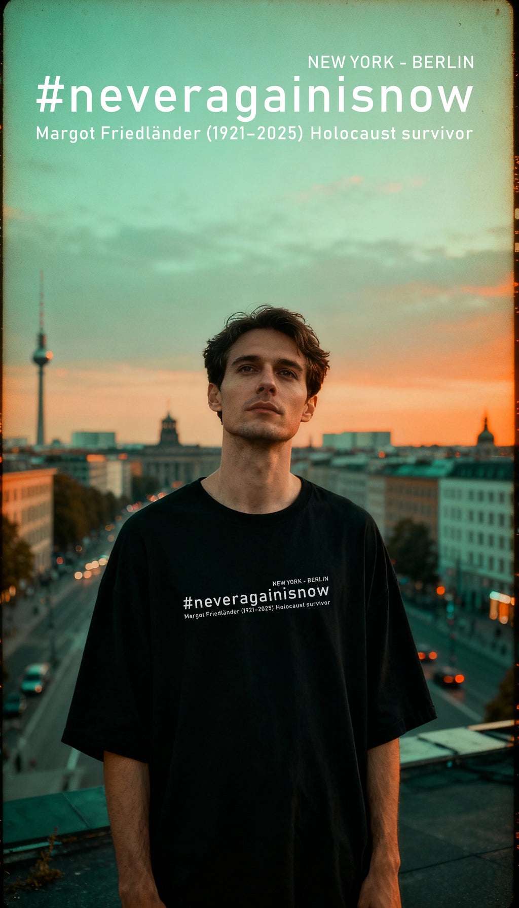 Model auf Dachterrasse trägt schwarzes T Shirt #neveragainisnow mit Blick auf Berliner Fernsehturm