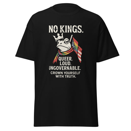 NO KINGS T‑Shirt Vorderansicht Frosch mit Krone und Regenbogen