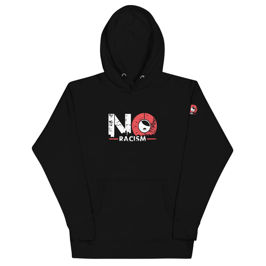 NO RACISM Unisex Hoodie, Frontansicht mit großem NO RACISM Druck.

