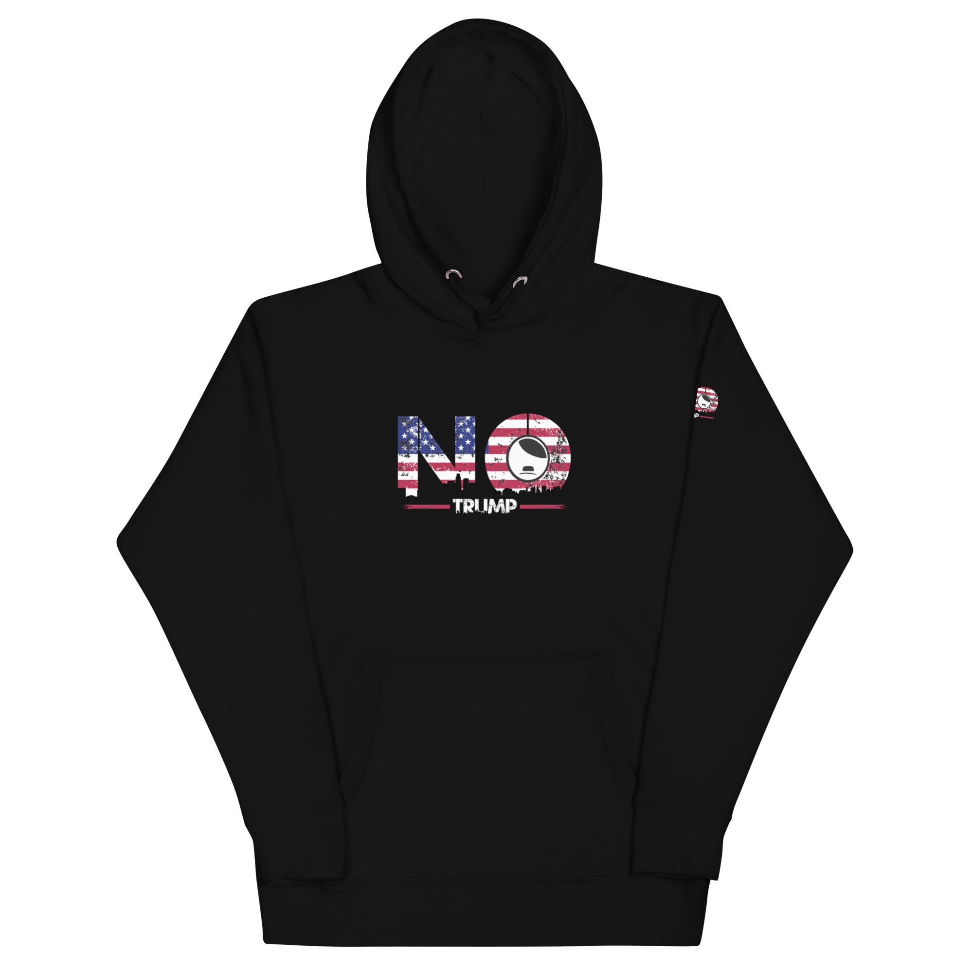 NO TRUMP Unisex Kapuzenpullover, Frontansicht mit NO TRUMP Aufdruck.