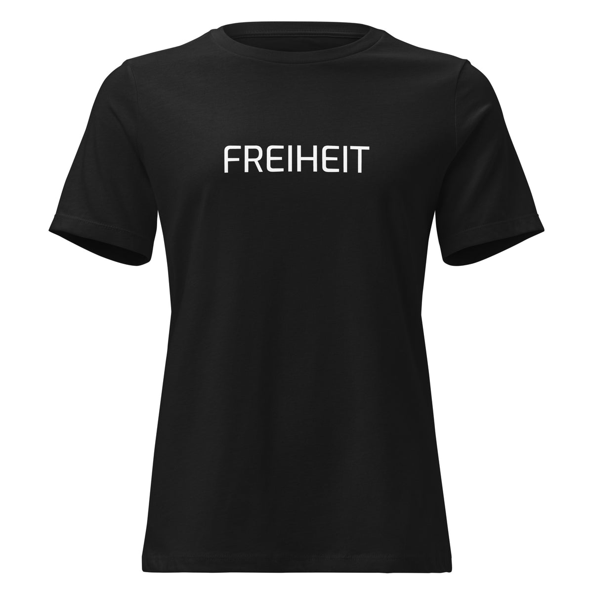 Schwarz: Damen T‑Shirt Freiheit 161 in Schwarz – Lockeres Statement Shirt mit Freiheit Frontprint

