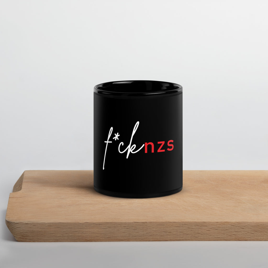 Schwarze Keramiktasse F*ck NZS weiß rote distressed Typografie 11 oz spülmaschinenfest