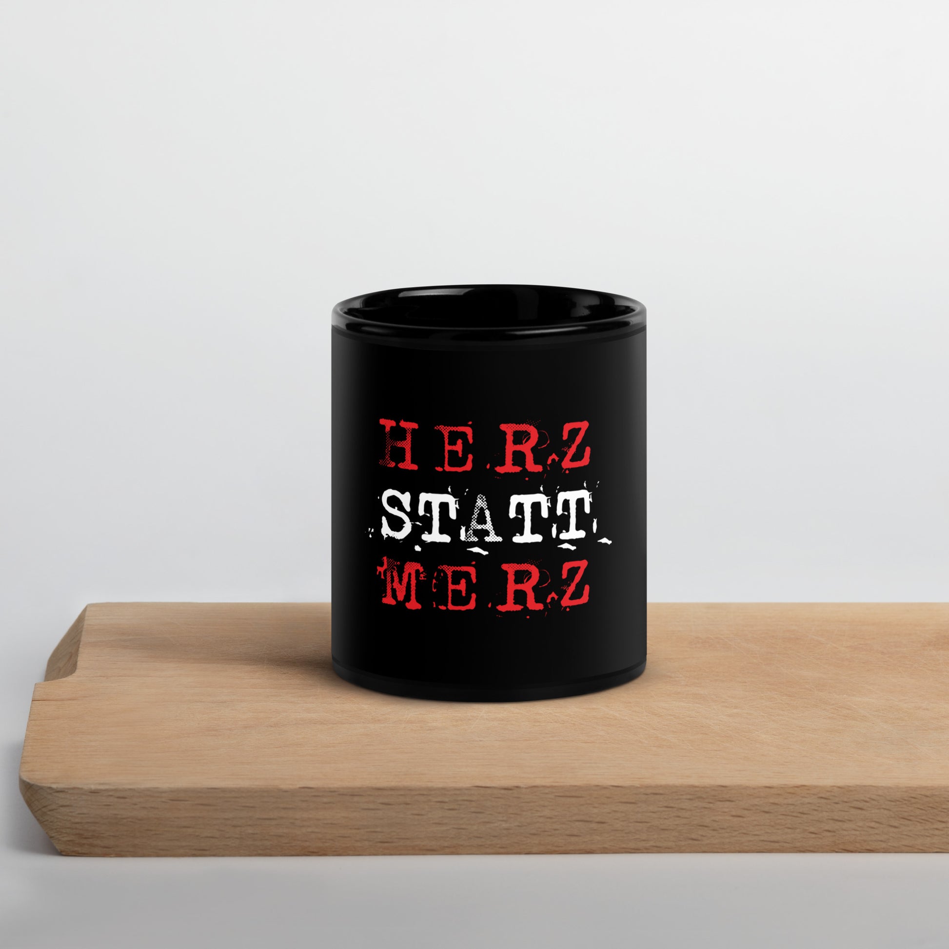 Schwarze Keramiktasse HERZ STATT MERZ 325 ml kratzfester UV Druck

