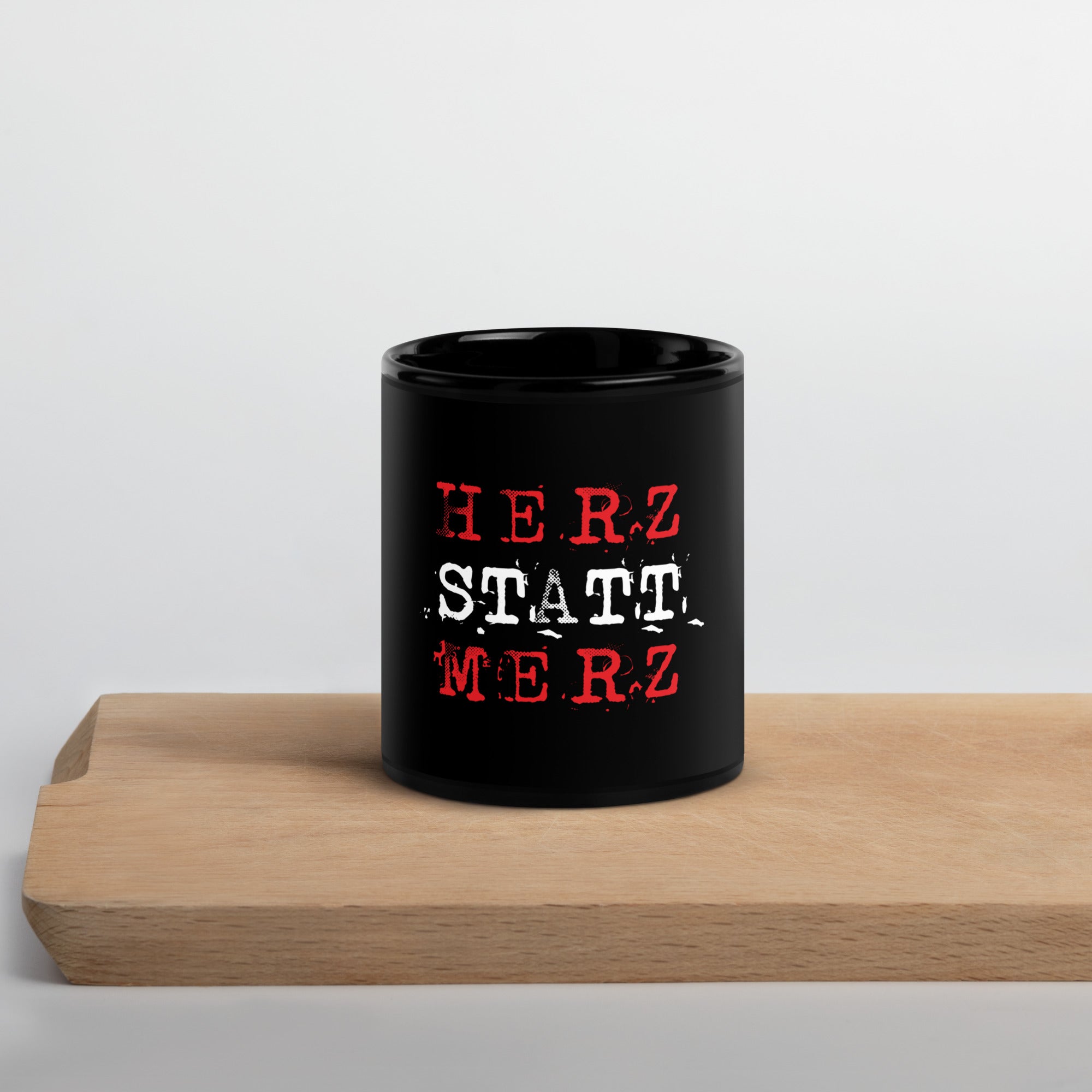 Schwarze Keramiktasse HERZ STATT MERZ 325 ml kratzfester UV Druck

