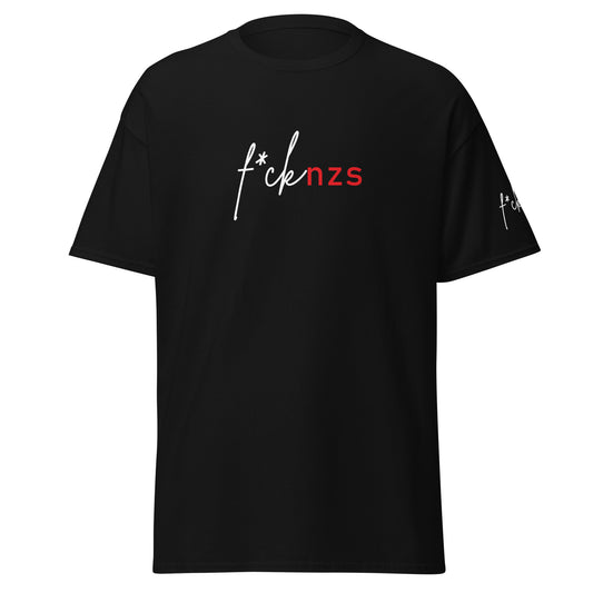 „Schwarzes Herren‑T‑Shirt mit f*cknzs Front‑ und Ärmelprint.“

