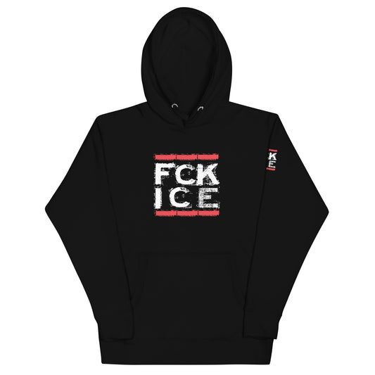 Unisex Hoodie FCK ICE schwarz mit Beuteltasche und Ärmelprint
