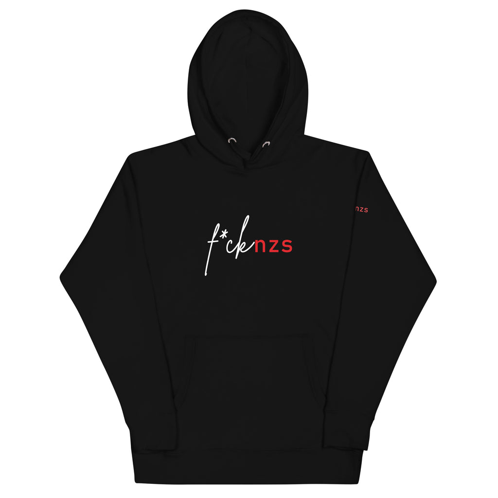 Unisex Hoodie FCK NZS schwarz mit Frontprint und Ärmelprint

