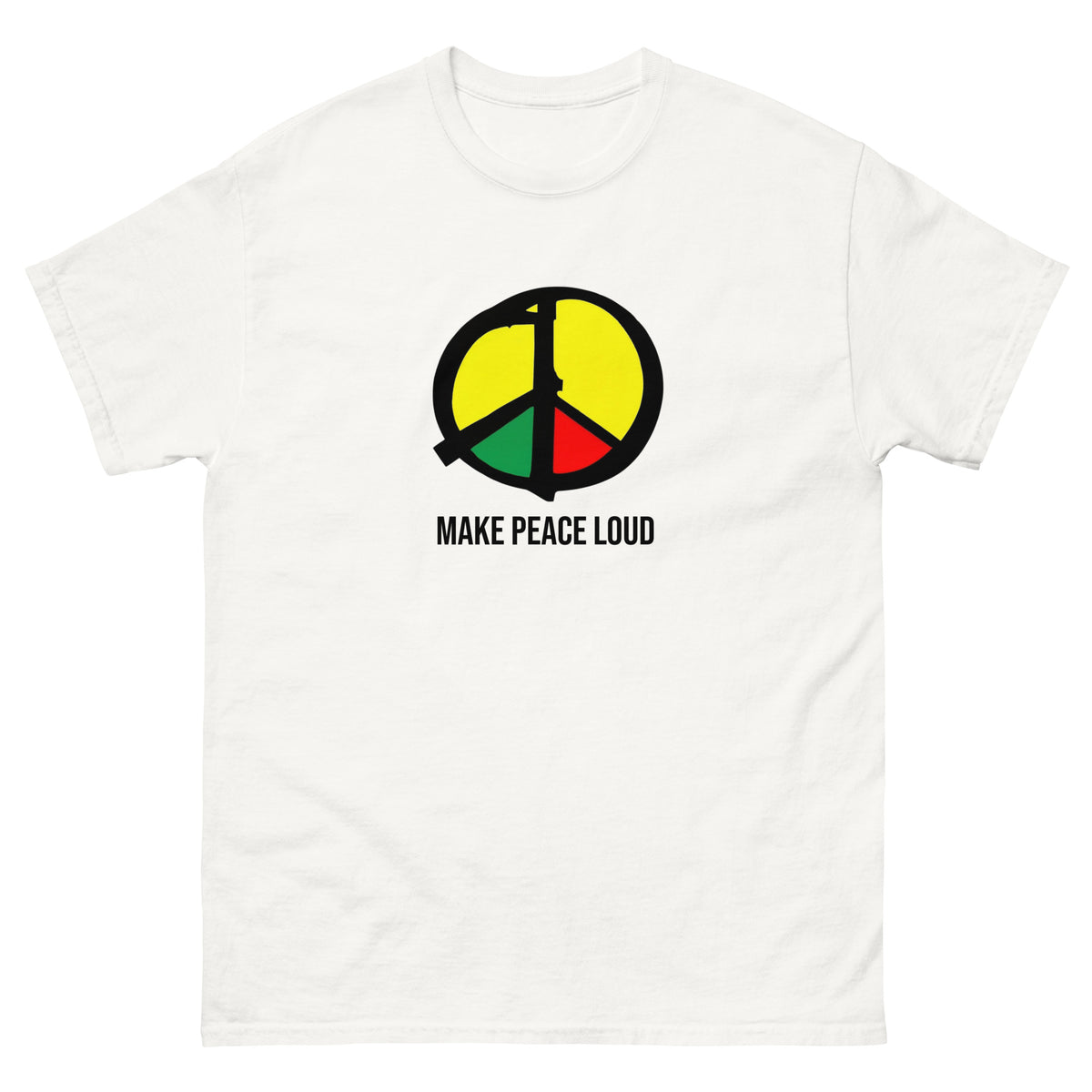 Unisex T‑Shirt mit Peace‑Symbol in Gelb, Grün und Rot und dem Schriftzug Make Peace Loud in Weiß.