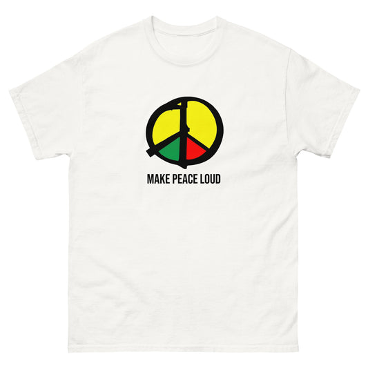 Unisex T‑Shirt mit Peace‑Symbol in Gelb, Grün und Rot und dem Schriftzug Make Peace Loud in Weiß.