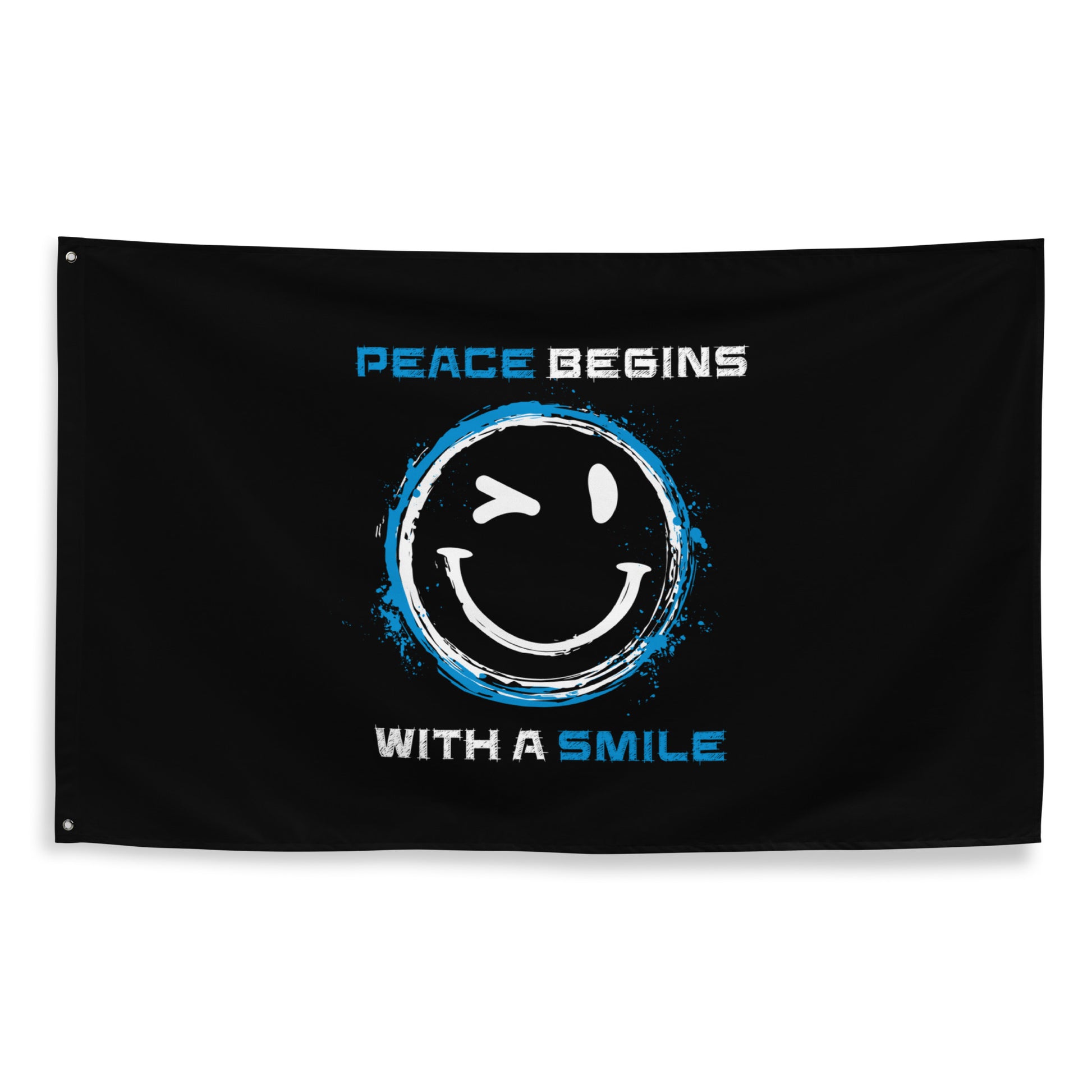 „Fahne Peace begins with a smile mit blauem Smiley‑Design“

