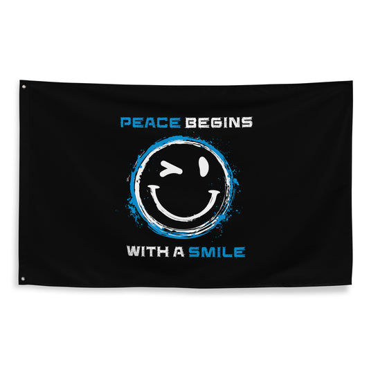 „Fahne Peace begins with a smile mit blauem Smiley‑Design“

