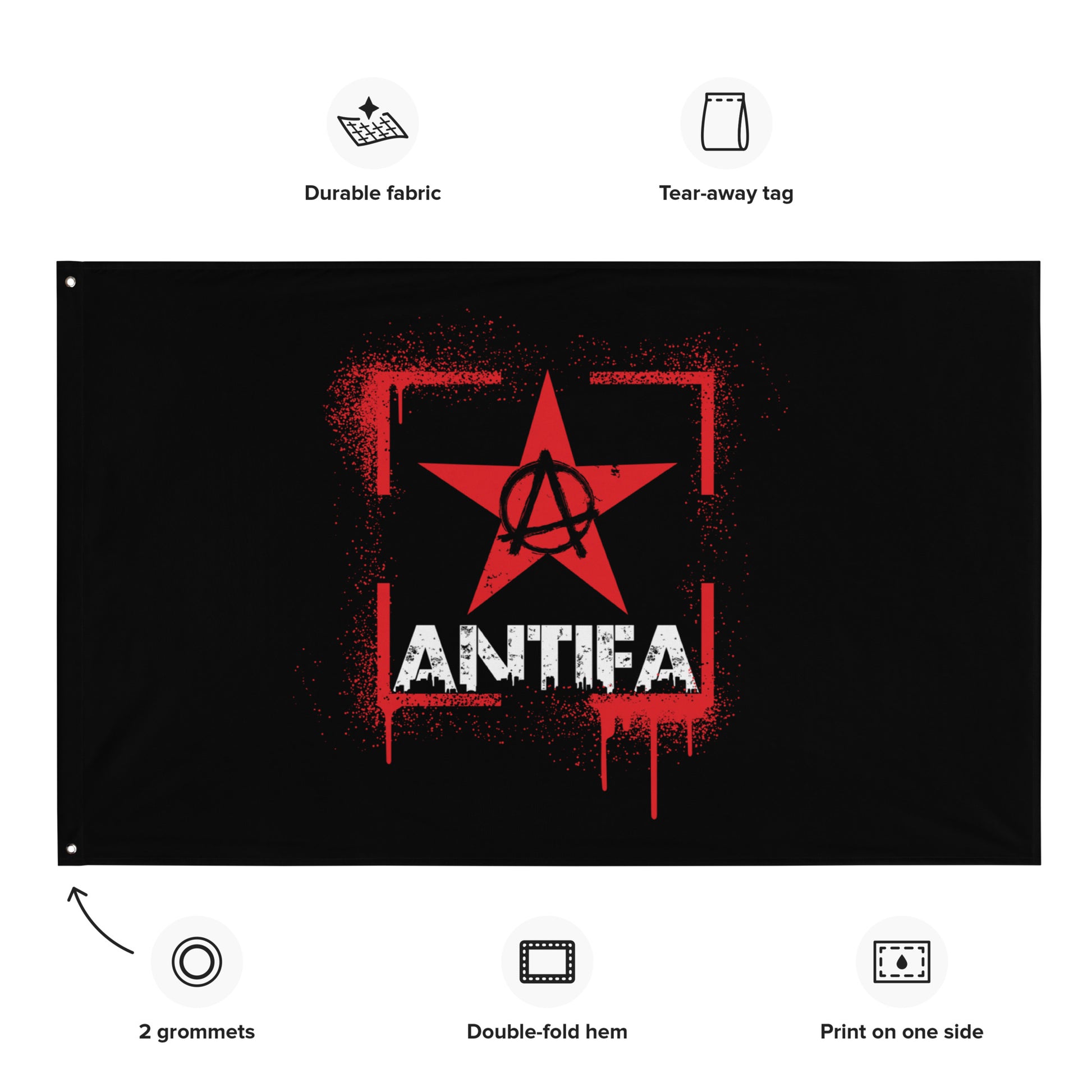 „Weißer Schriftzug ‚ANTIFA‘ in Stencil-Optik unter rotem Stern – urbanes Protestdesign“