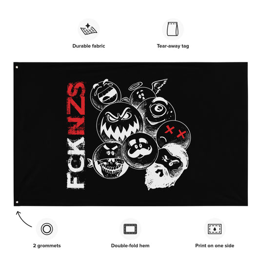 „Antifaschistische Flagge mit Charakter‑Design und rot‑weißem Schriftzug“

