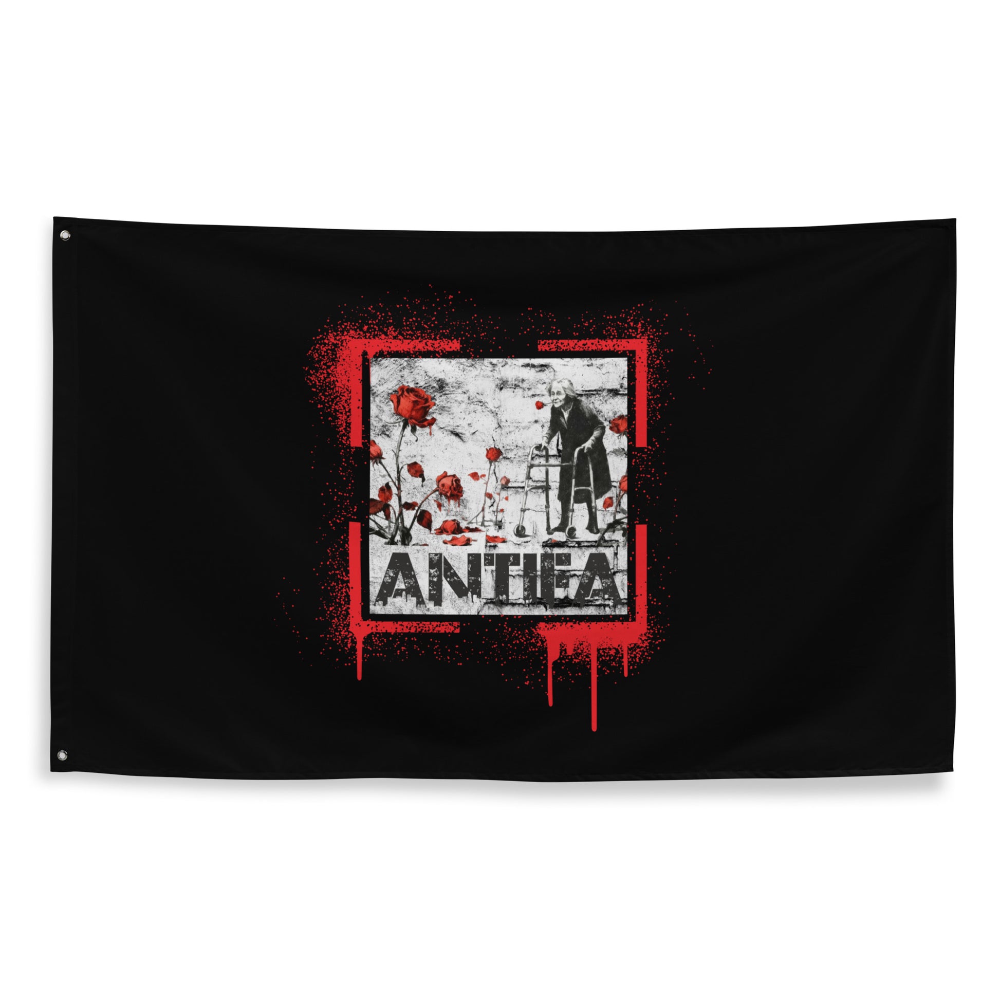„ANTIFA Flagge mit Oma‑Motiv und roten Rosen“

