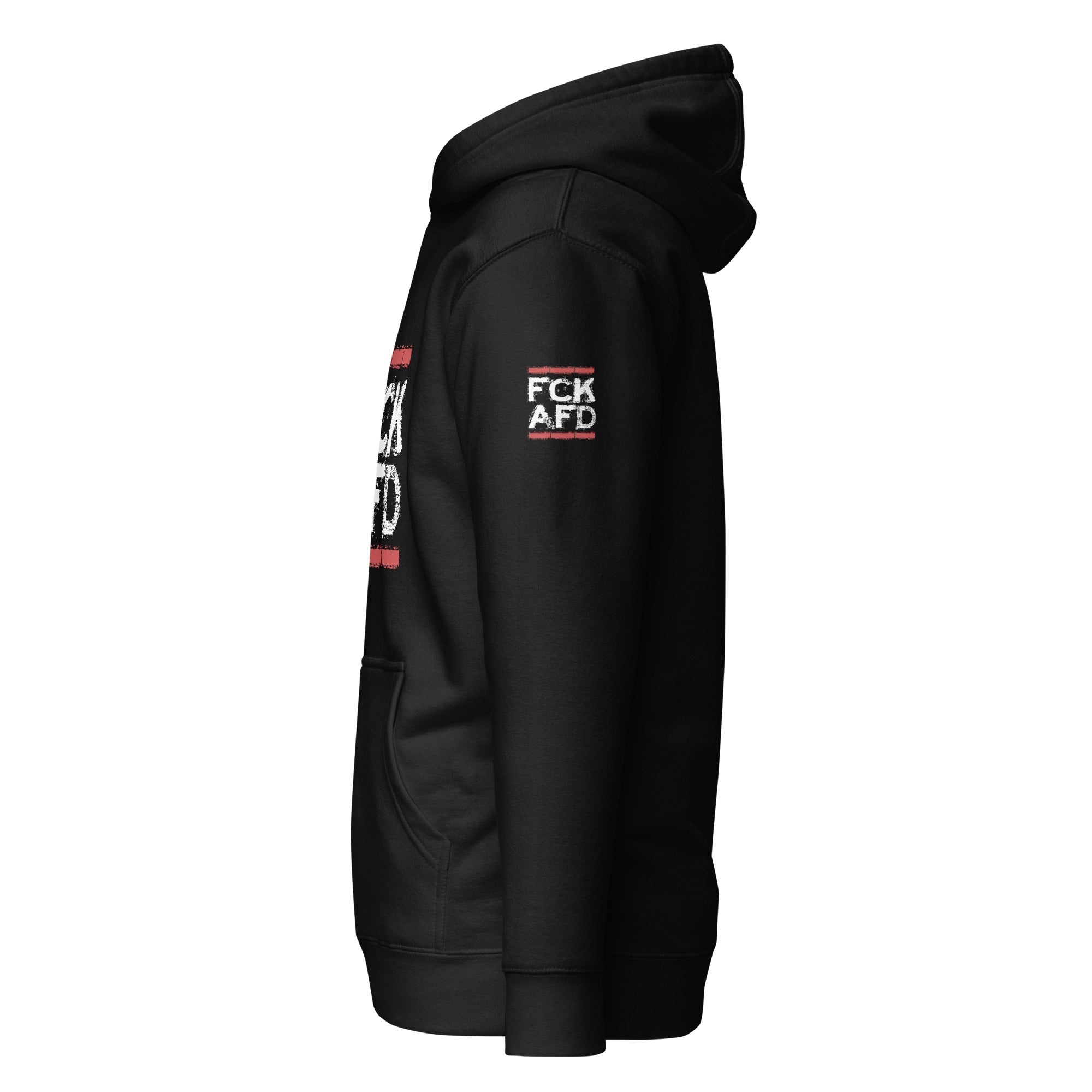 Unisex Hoodie FCK AFD schwarz mit Frontprint und Ansicht Ärmelprint
