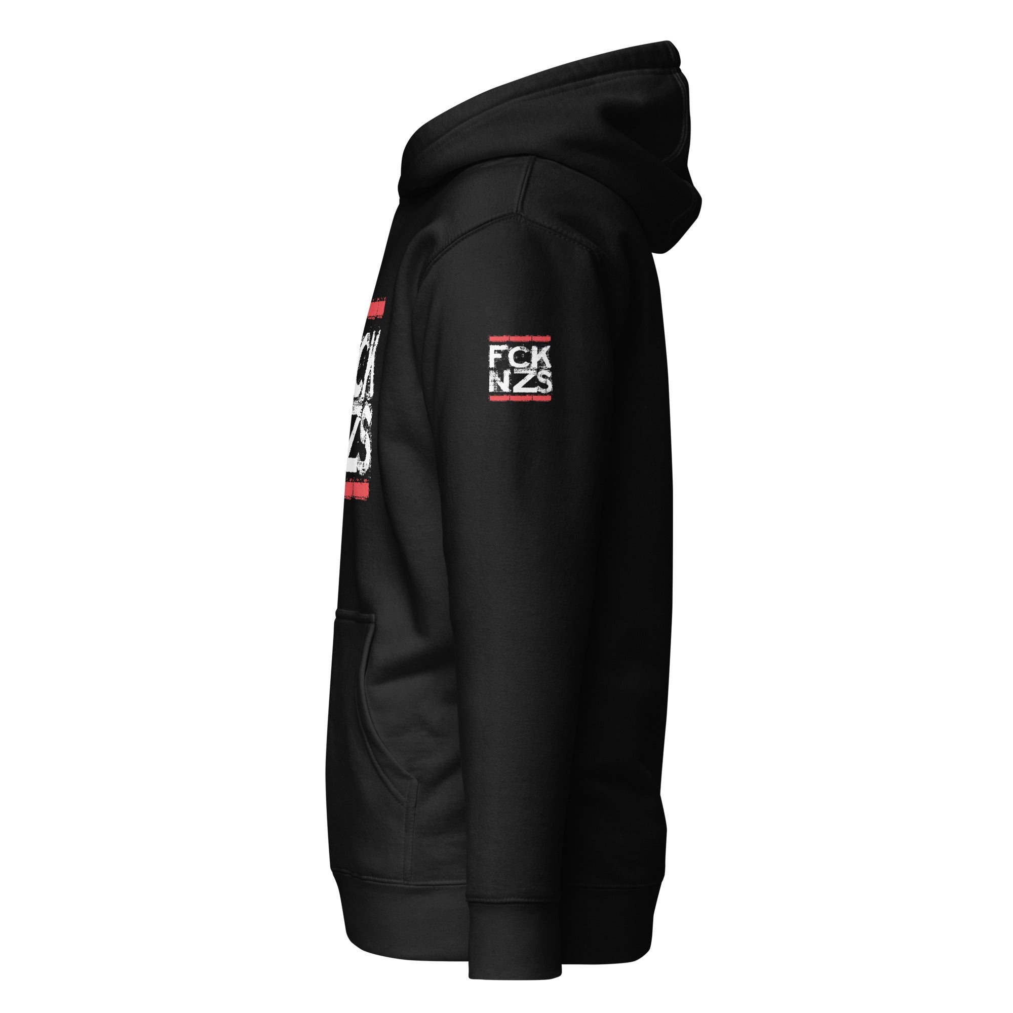 Unisex Hoodie FCK NZS schwarz mit Beuteltasche Ärmelprint