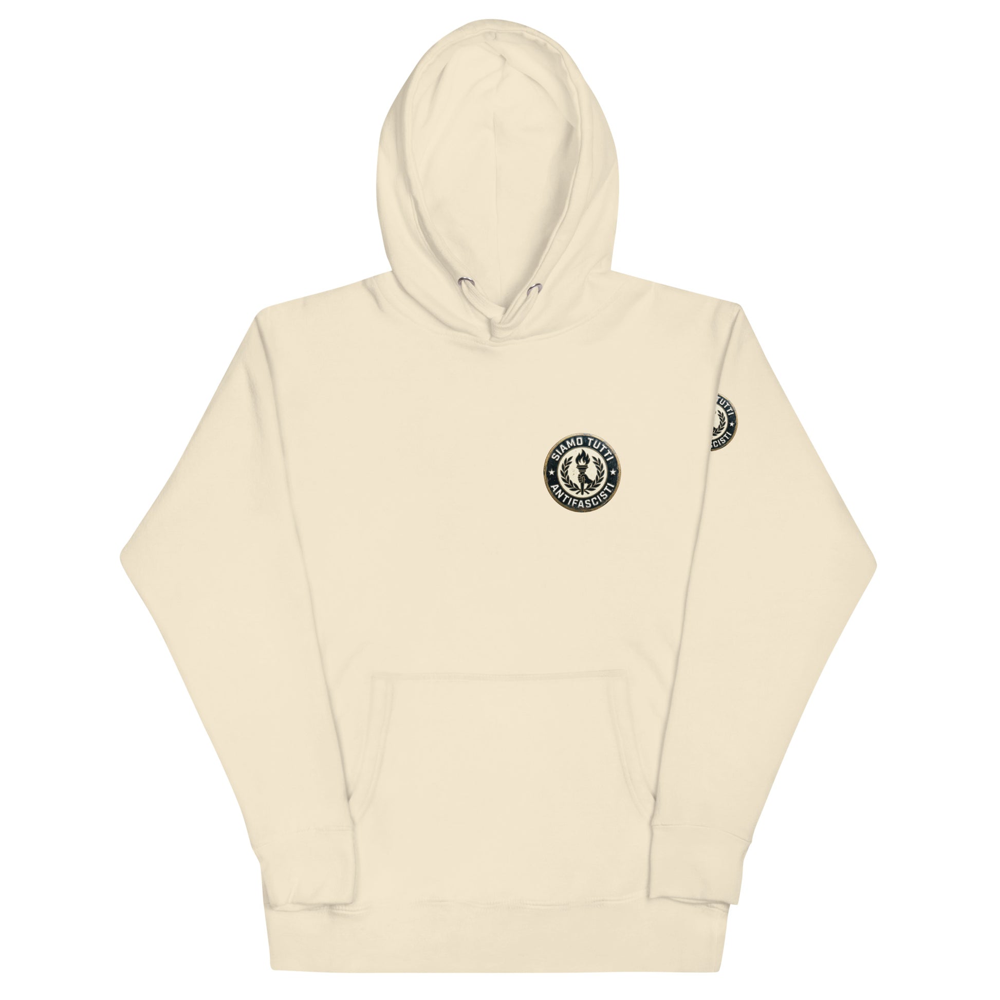 Hoodie mit Fackel‑ und Lorbeerkranz‑Emblem und „Siamo Tutti Antifascisti“.